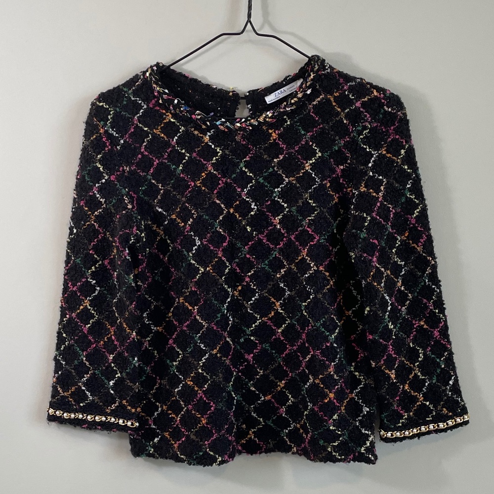 Zara Black Sweater with Colorful Stitching and Pearl Detail